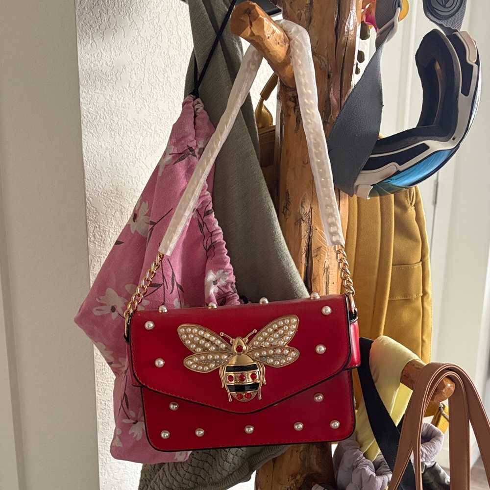 Elegant Red Bee Embellished Handbag